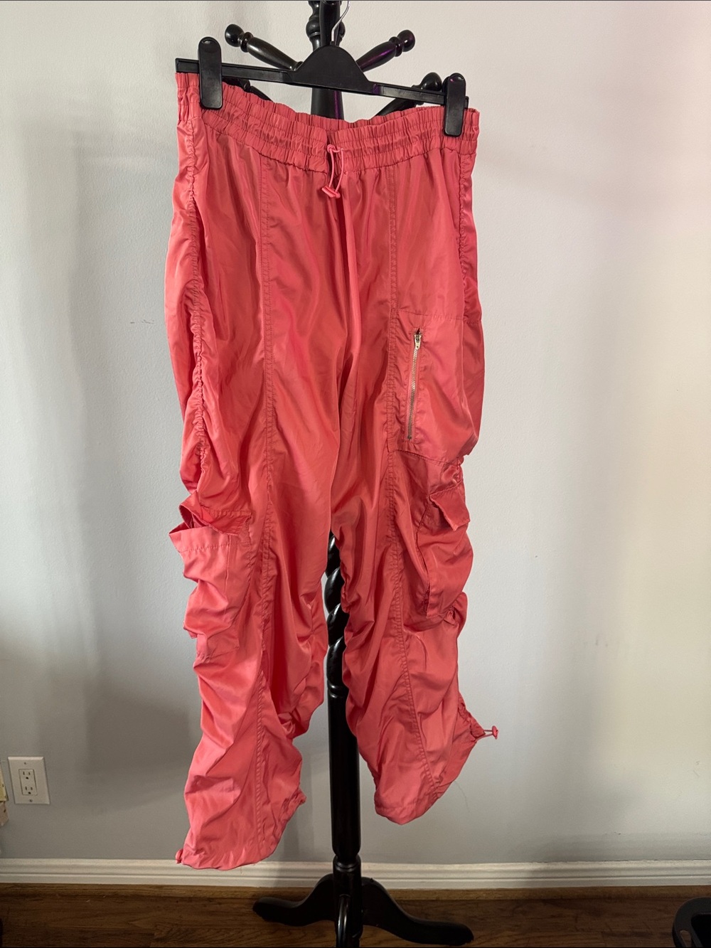 Bright Coral Ruched Cargo Joggers